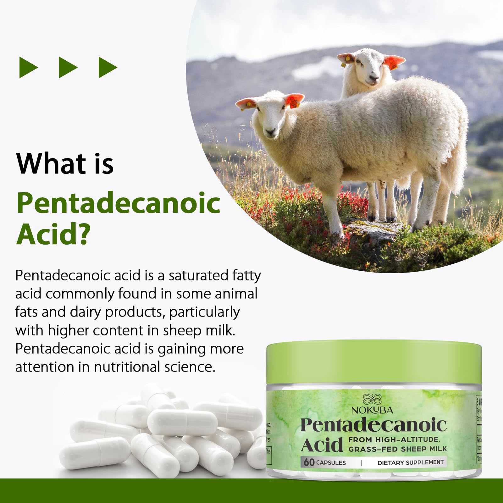 Nokuba Pentadecanoic Acid label shows ingredients and dosage information.
