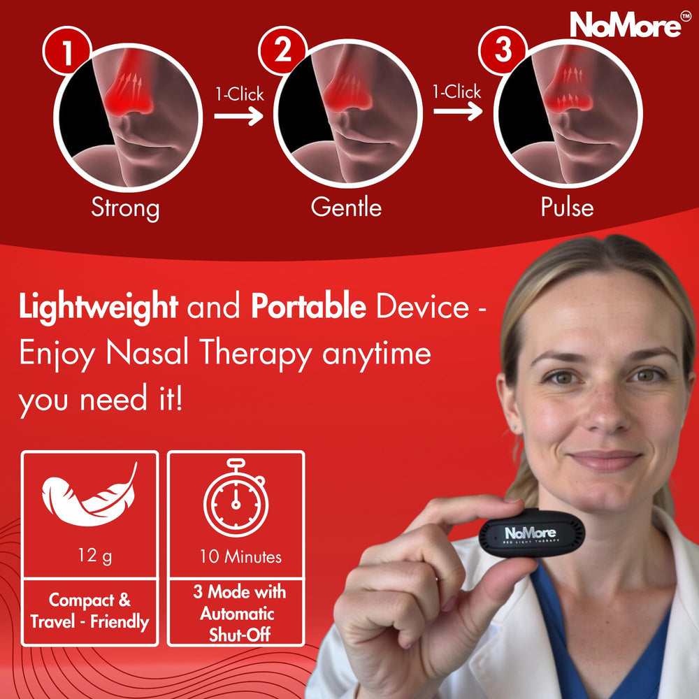 NoMore Original nose device close-up reveals the 660nm LED in action.