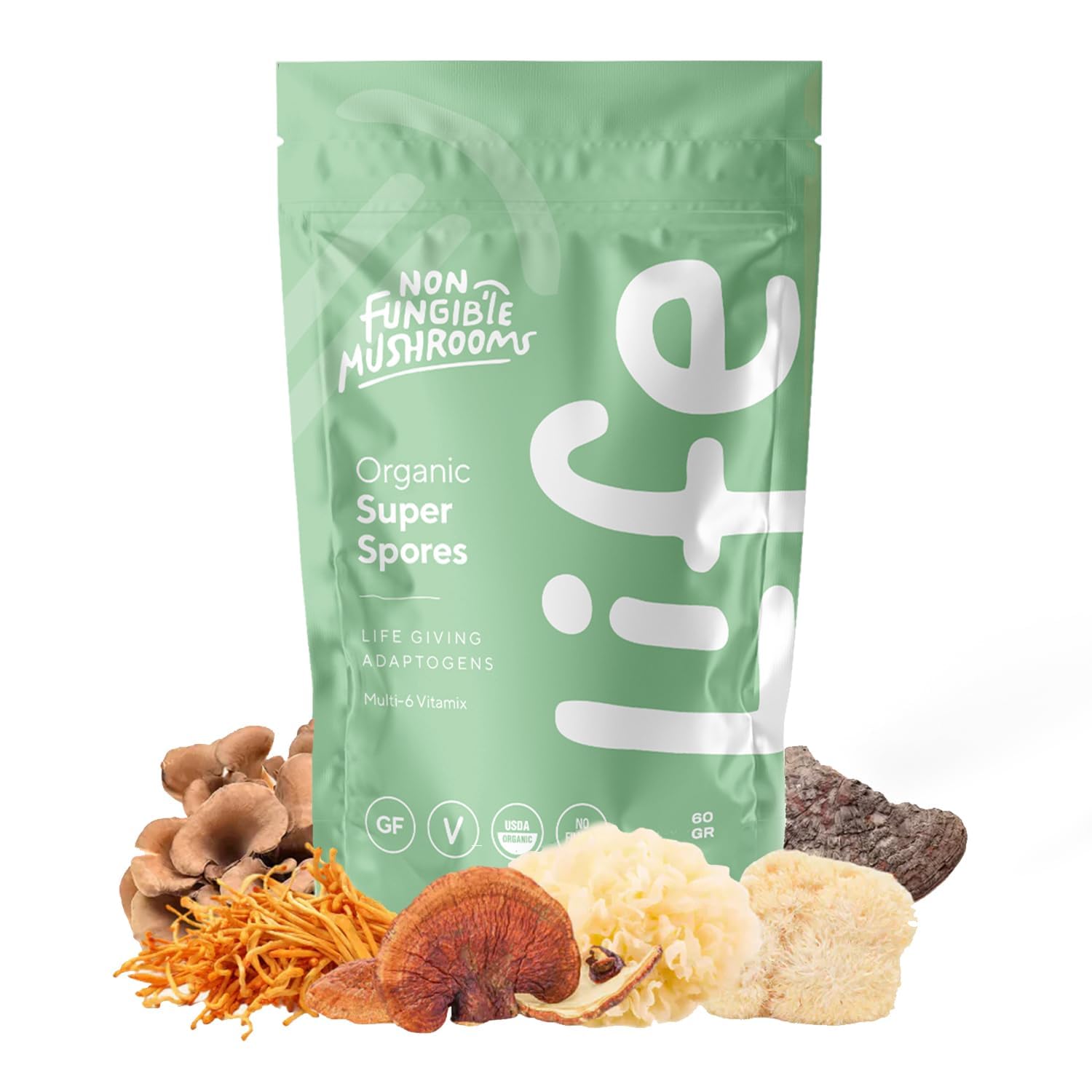 Non Fungible Mushrooms Life Daily powder pouch ready for a simple daily wellness routine.