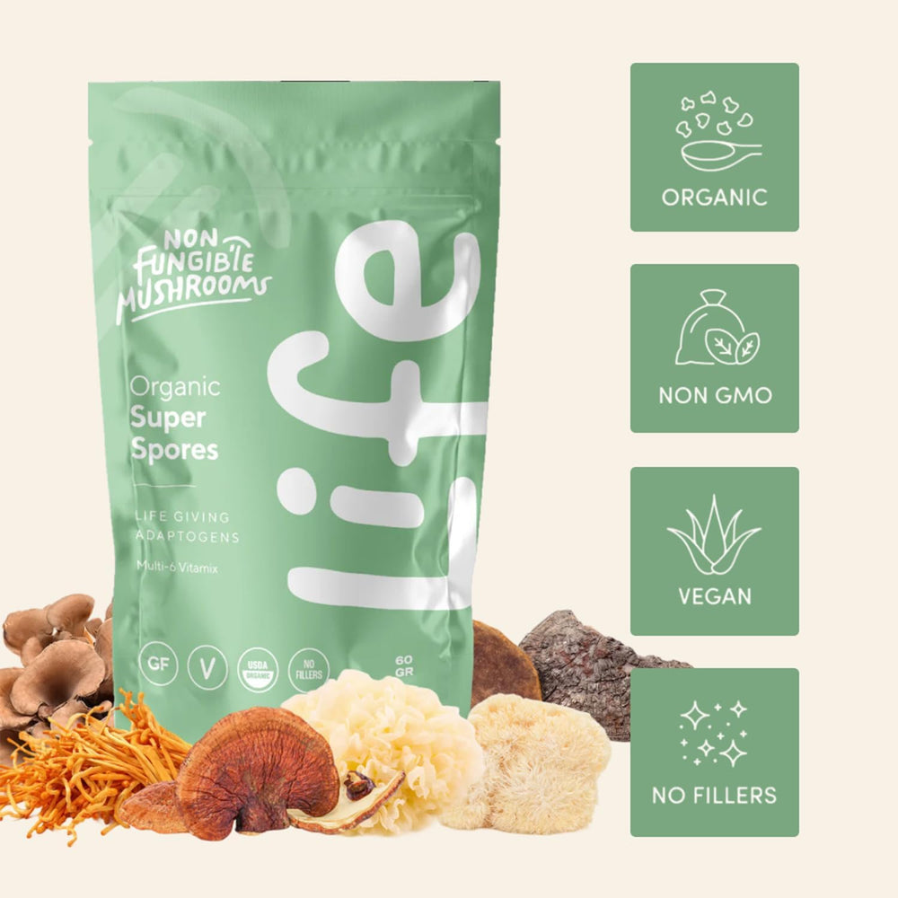 Non Fungible Mushrooms Life Daily scoop measures servings for easy smoothies.