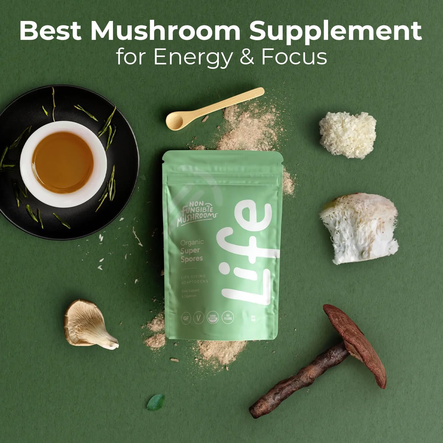 Non Fungible Mushrooms Life Daily smoothie glass showing energy-friendly blend.