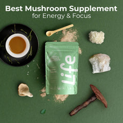 Non Fungible Mushrooms Life Daily smoothie glass showing energy-friendly blend.