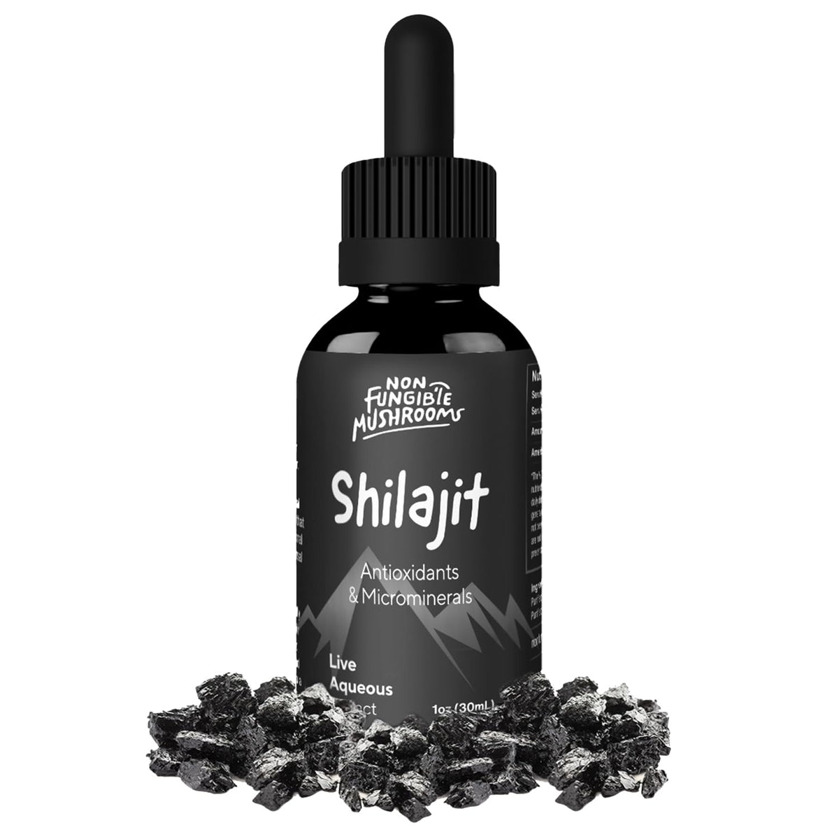Non Fungible Mushrooms Shilajit tincture bottle shows premium extract for daily vitality.