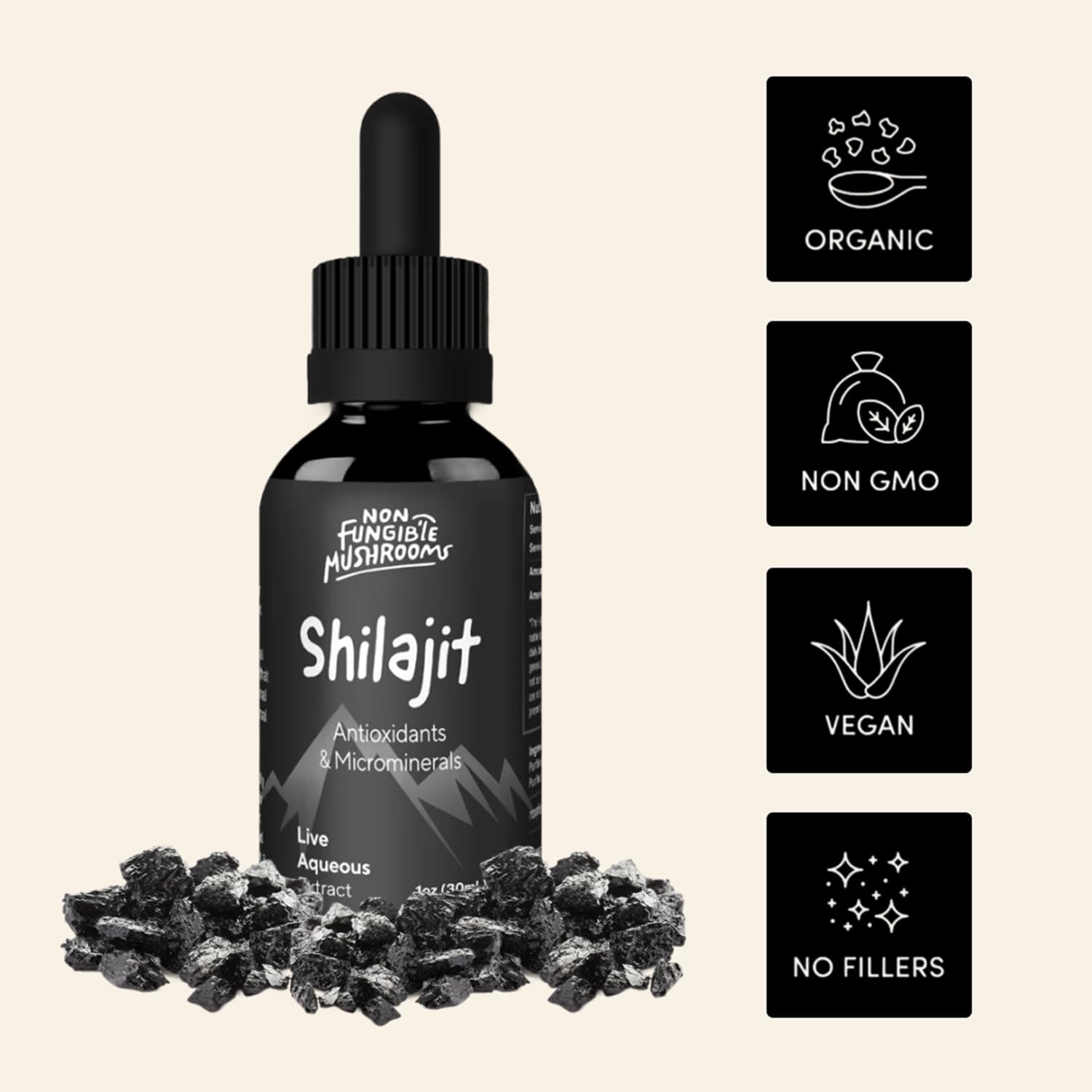 Non Fungible Mushrooms Shilajit tincture dropper enables precise dosing for energy support.