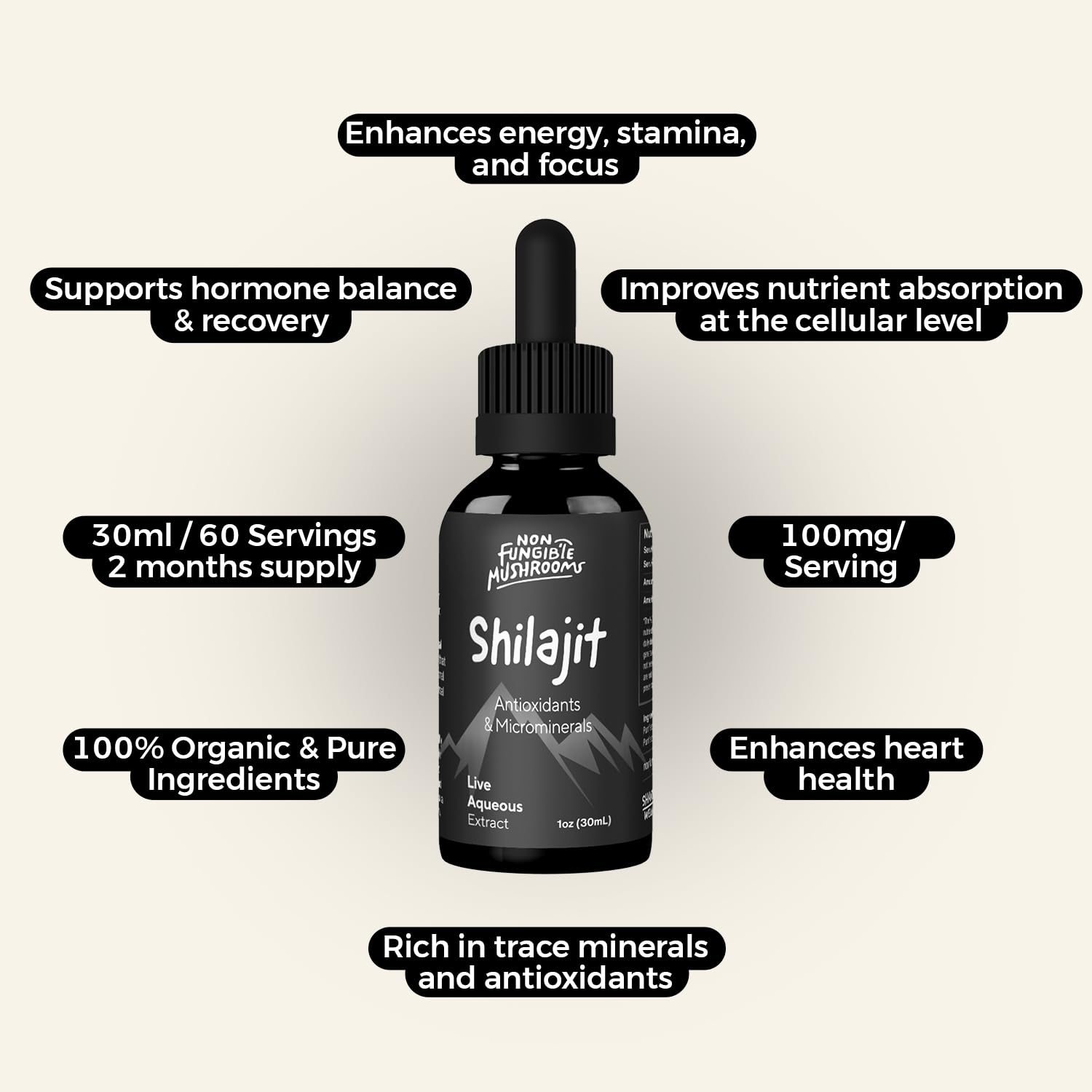 Non Fungible Mushrooms Shilajit tincture amber bottle closeup emphasizes purity and sourcing.