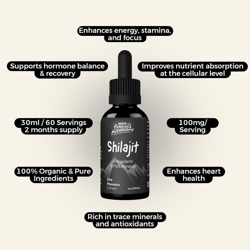 Non Fungible Mushrooms Shilajit tincture amber bottle closeup emphasizes purity and sourcing.