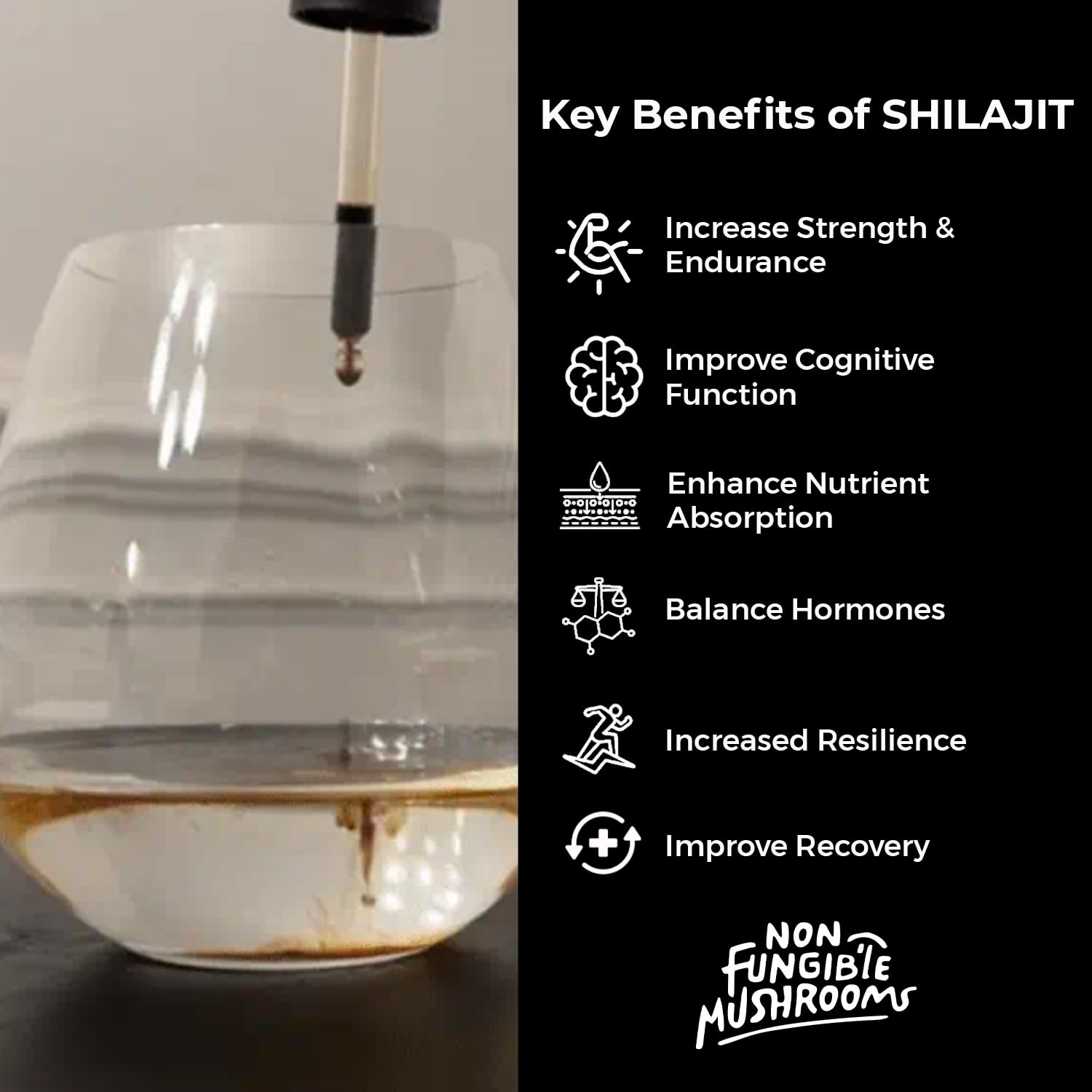 Non Fungible Mushrooms Shilajit tincture with water illustrates energy support usage.