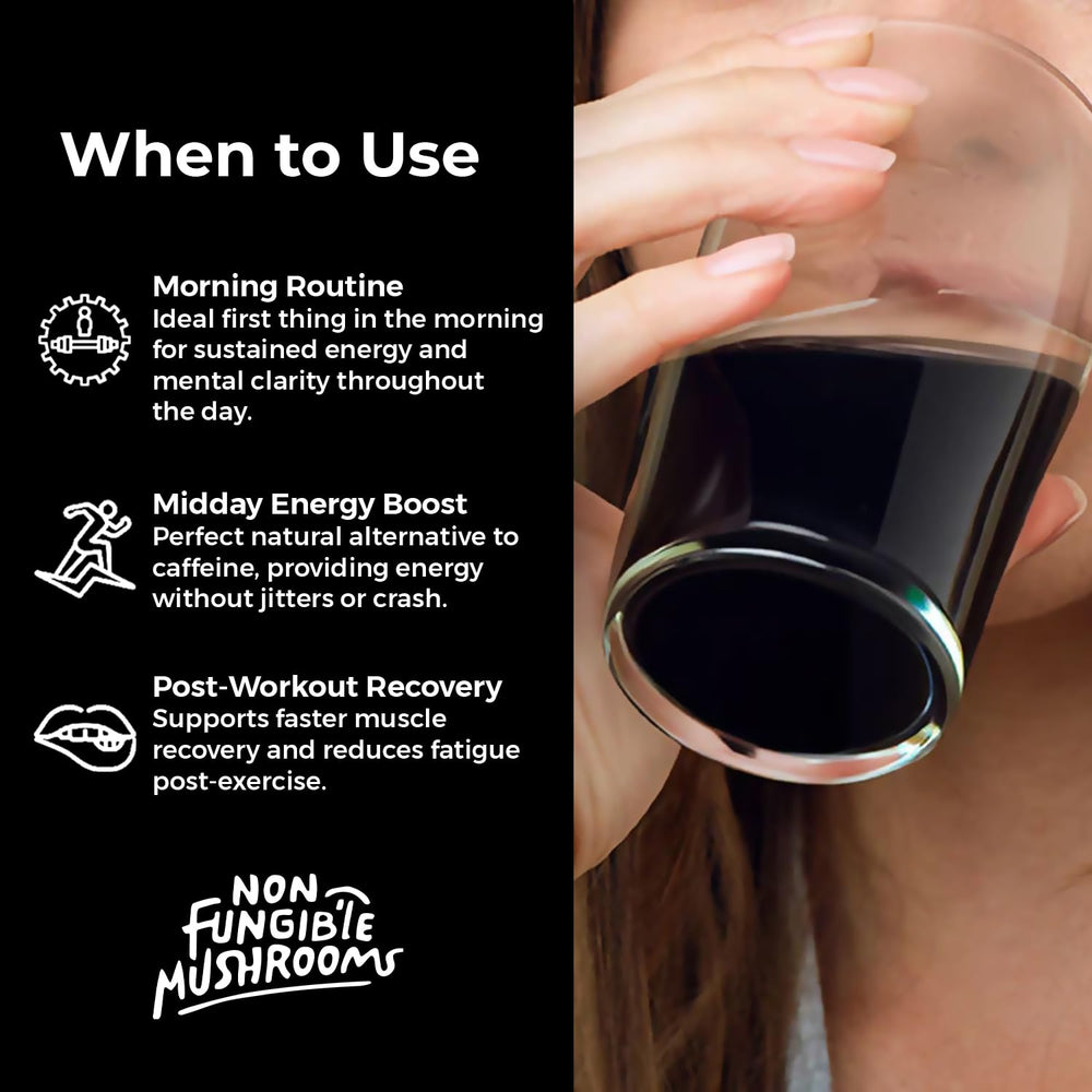 Non Fungible Mushrooms Shilajit tincture glass highlights mineral-rich formula and purity.