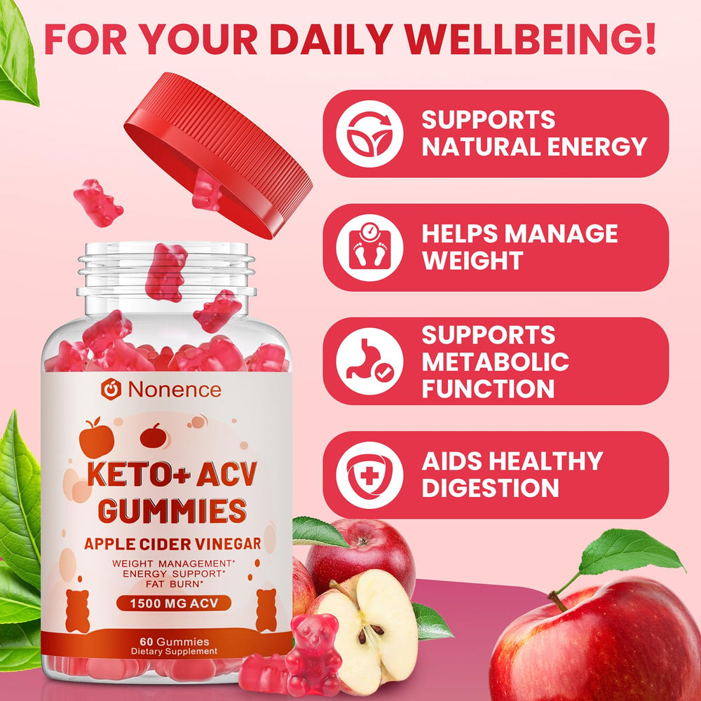 Nonencen gummies bottle with glasses shows easy, tasty ACV for cravings control.