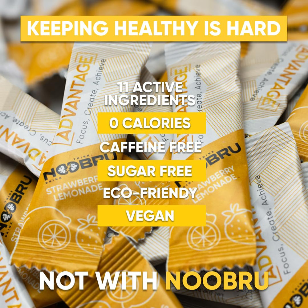 Mixing Noobru Advantage sachet into water for a quick drink.
