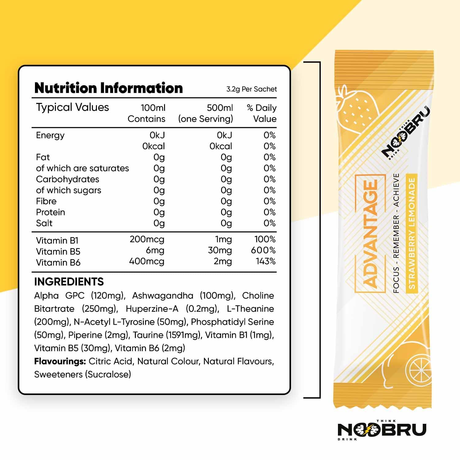 Close view of Noobru Advantage strawberry lemonade sachets.