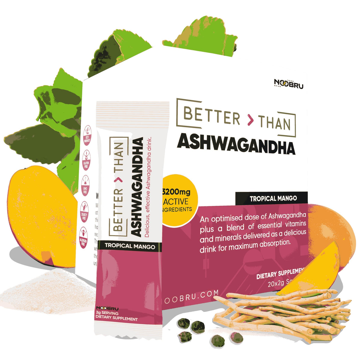 Noobru Better Than Ashwagandha bottle front promotes calm focus for daily routines.