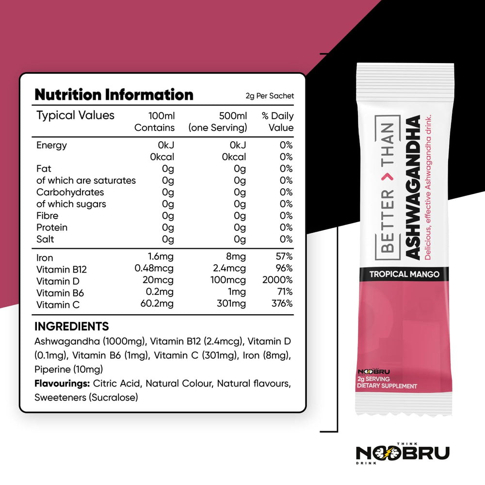 Noobru Better Than Ashwagandha bottle side view suggests easy daily stress support.