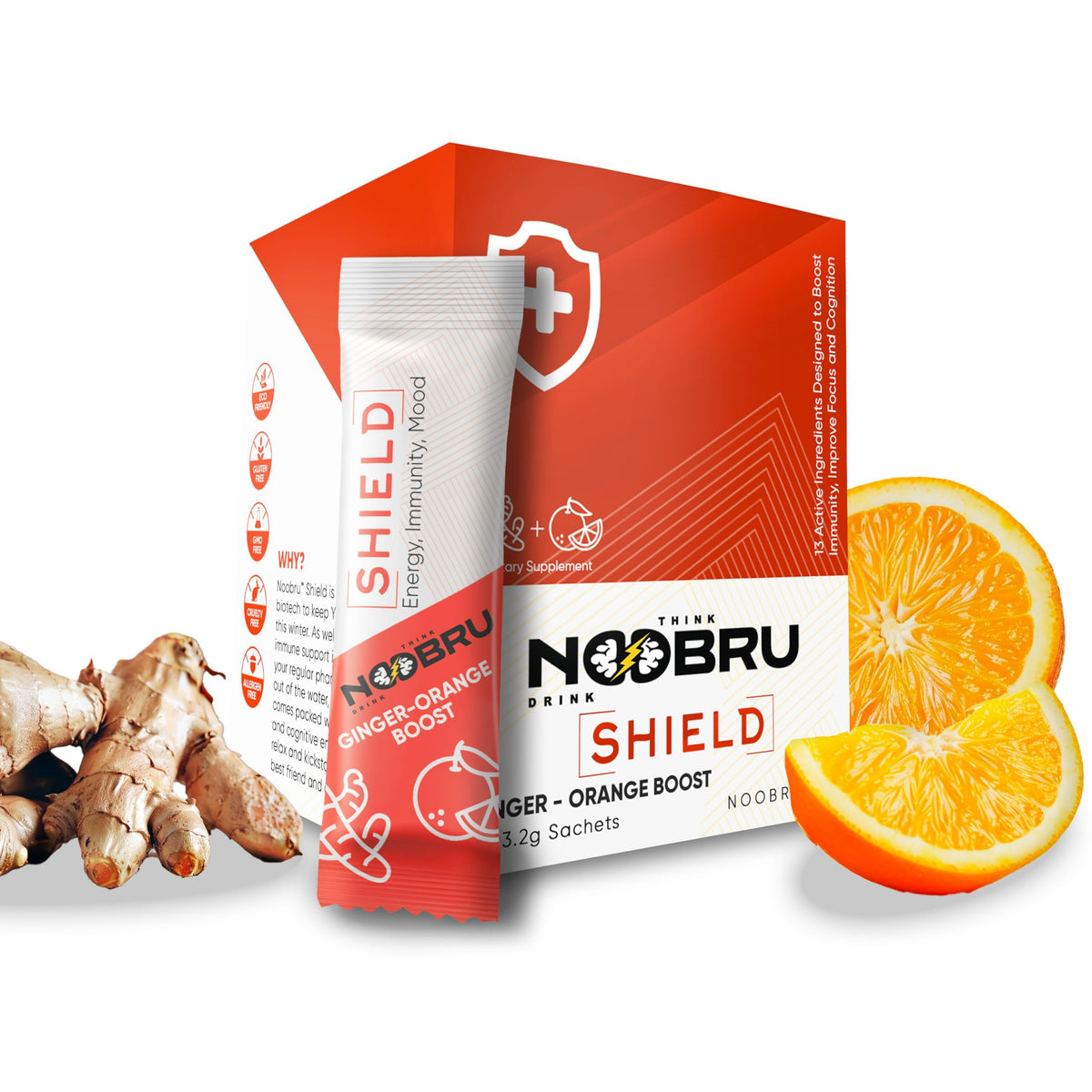 Noobru Shield bottle front showing packaging designed for daily immune and cognitive support.