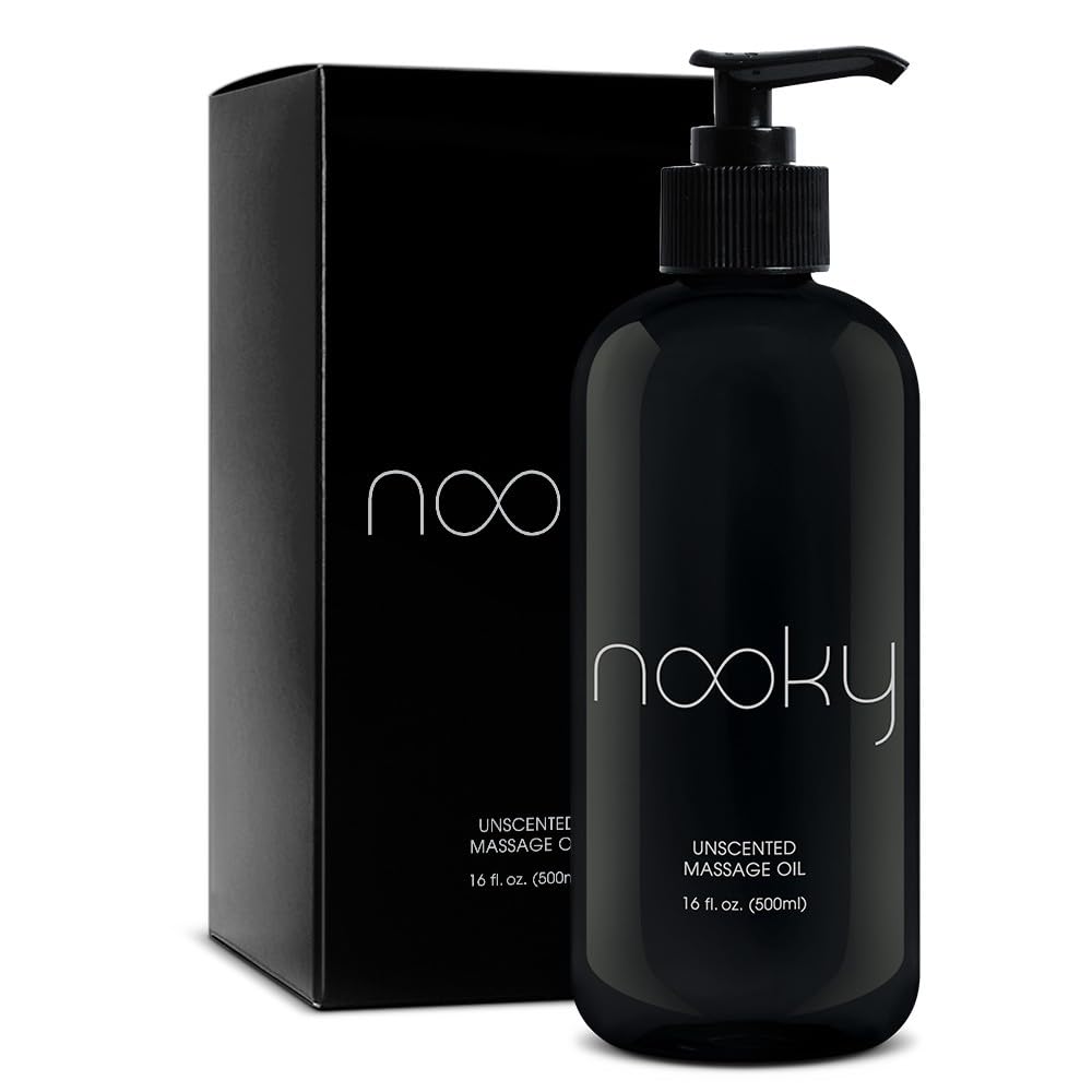 NOOKY Unscented Massage Oil bottle pour showing a clean, non-greasy glide.
