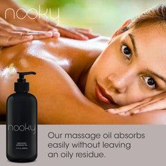 NOOKY Unscented Massage Oil label close-up highlighting lightweight formula.