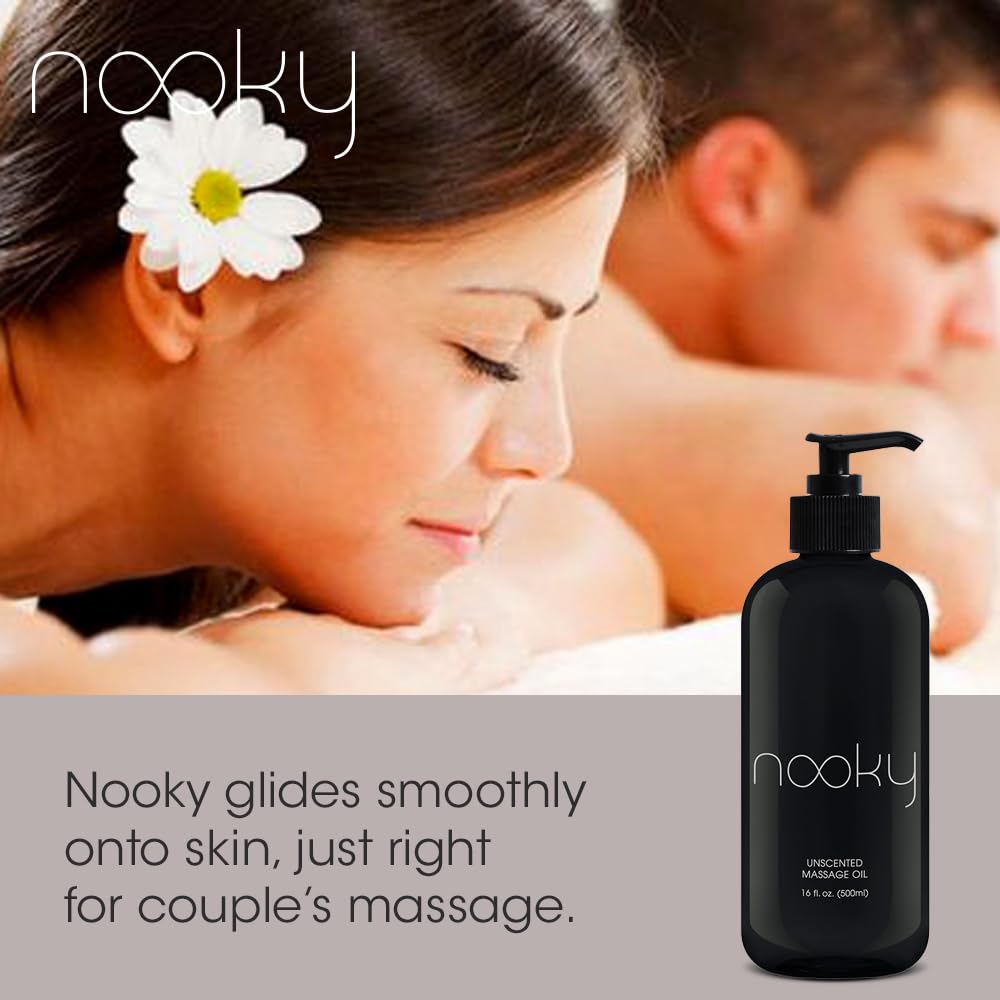 NOOKY Unscented Massage Oil being applied for silky absorption on skin.