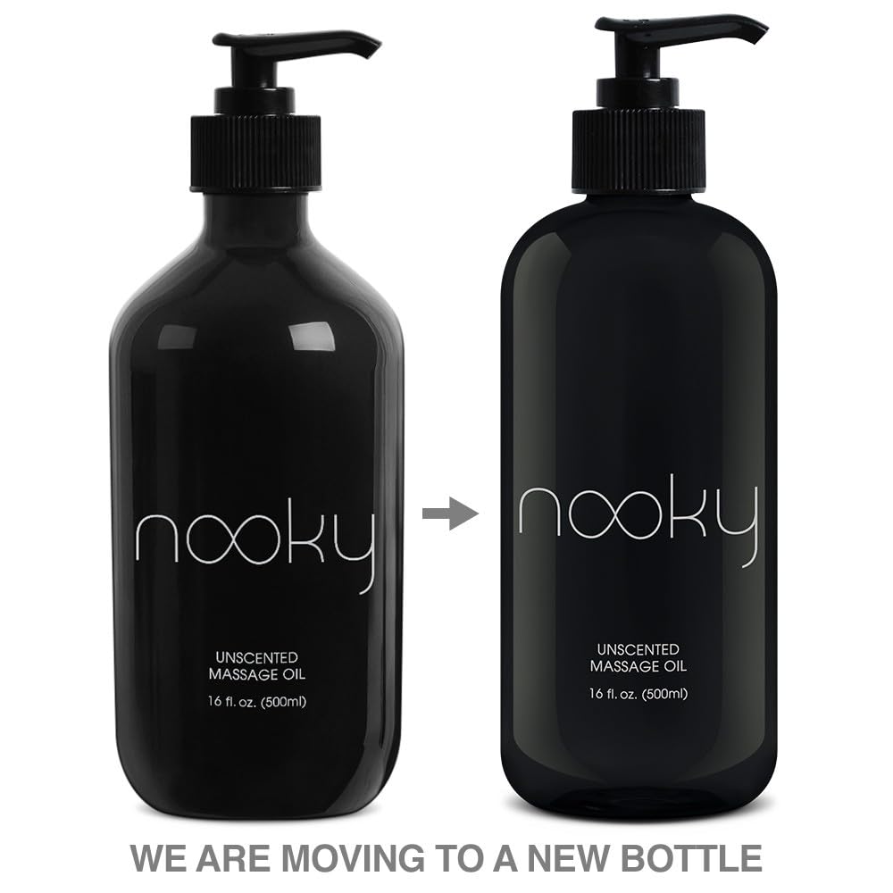 NOOKY Unscented Massage Oil ingredients featuring fractionated coconut oil for light feel.
