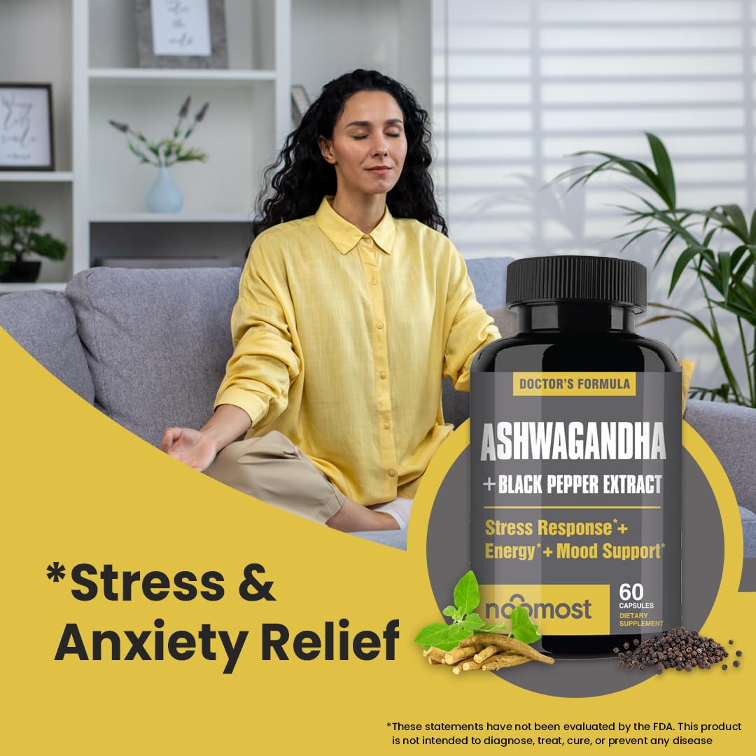 NooMost Ashwagandha capsules closeup highlights capsule texture and dosage.