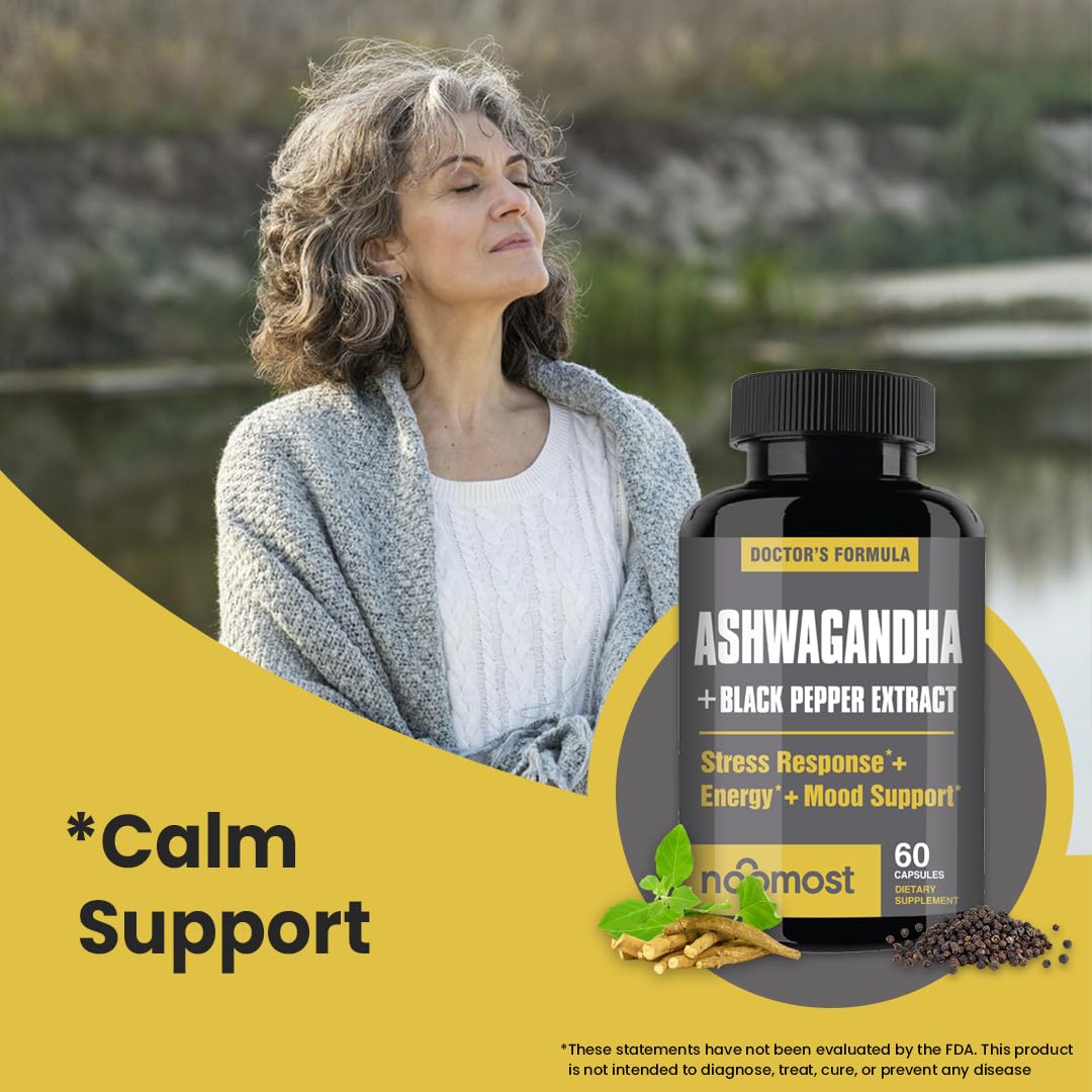 NooMost Ashwagandha with Black Pepper Extract emphasizes enhanced absorption.