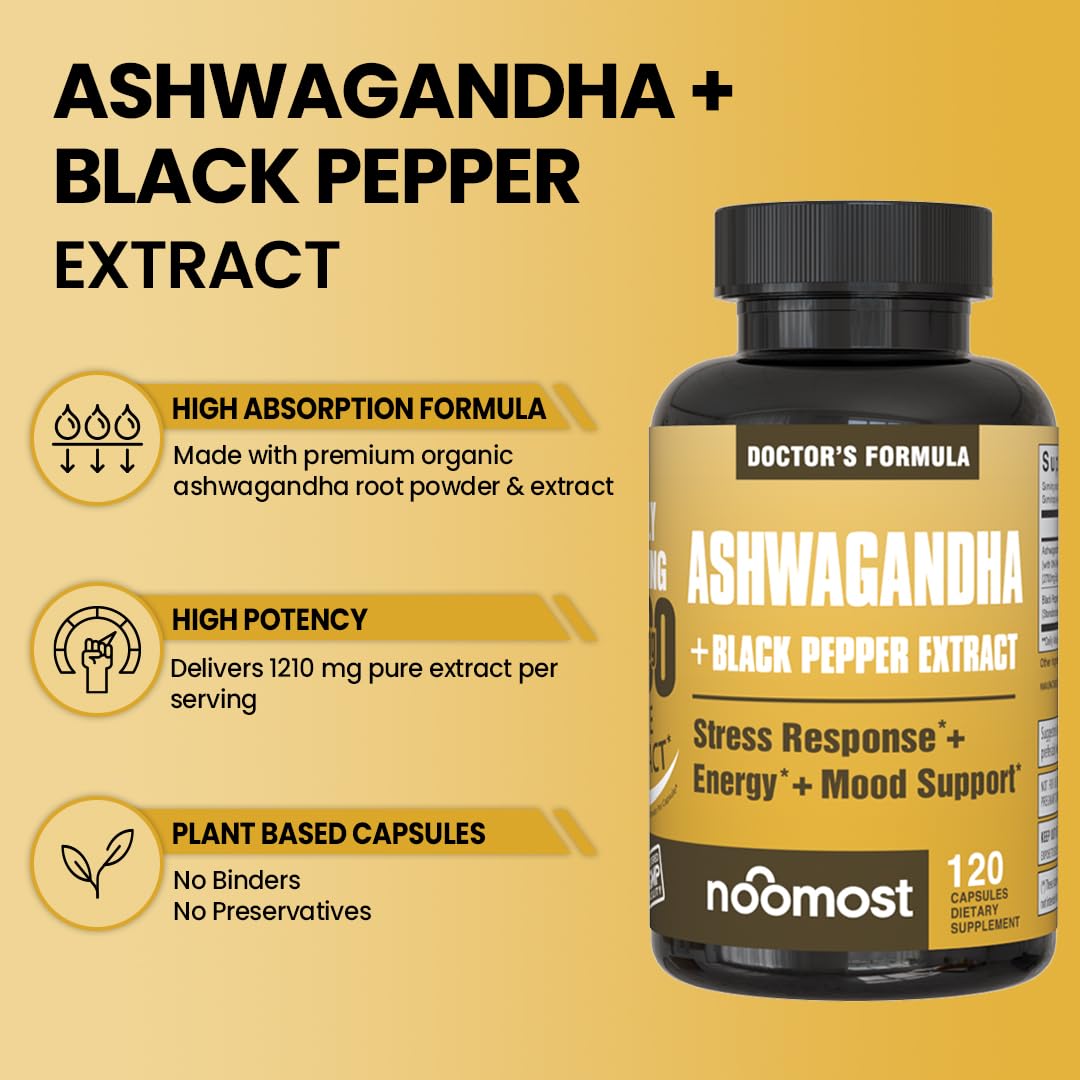 NooMost Ashwagandha bottle shows black pepper extract for absorption.