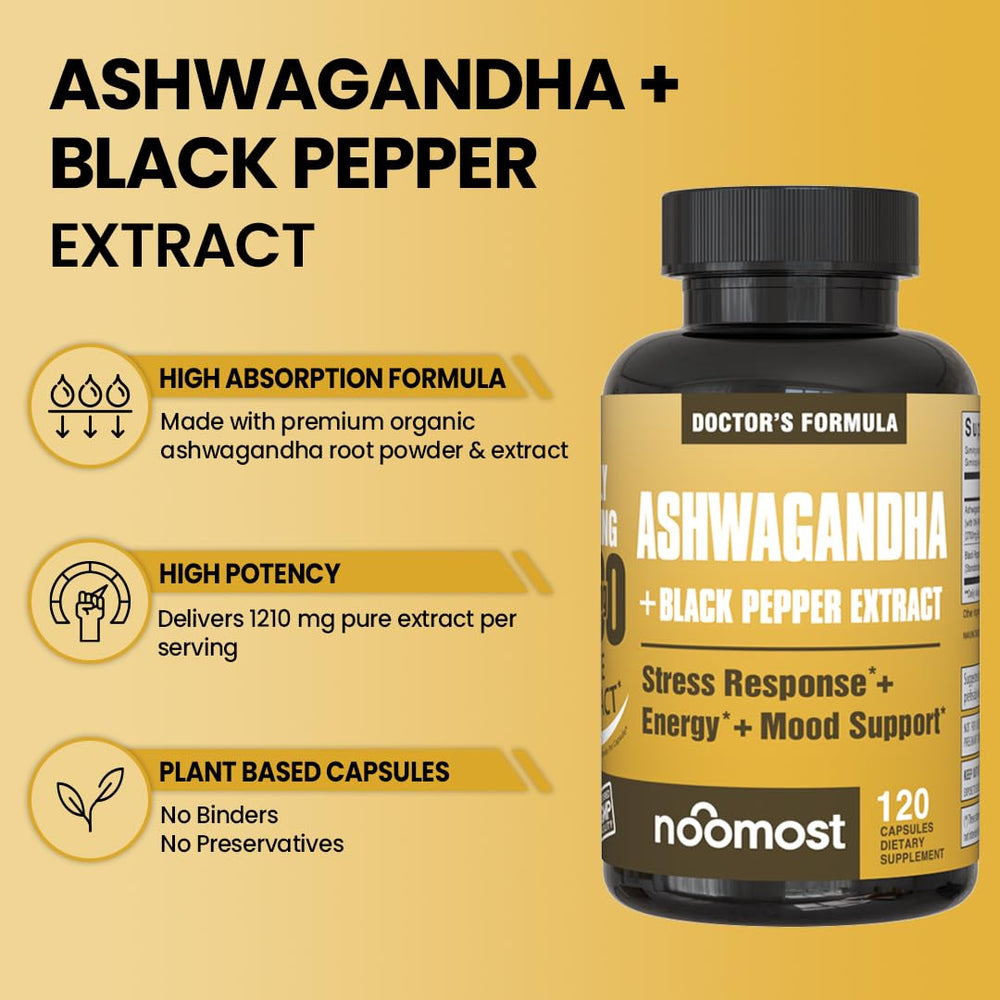 NooMost Ashwagandha bottle shows black pepper extract for absorption.