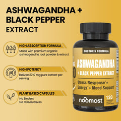 NooMost Ashwagandha bottle shows black pepper extract for absorption.