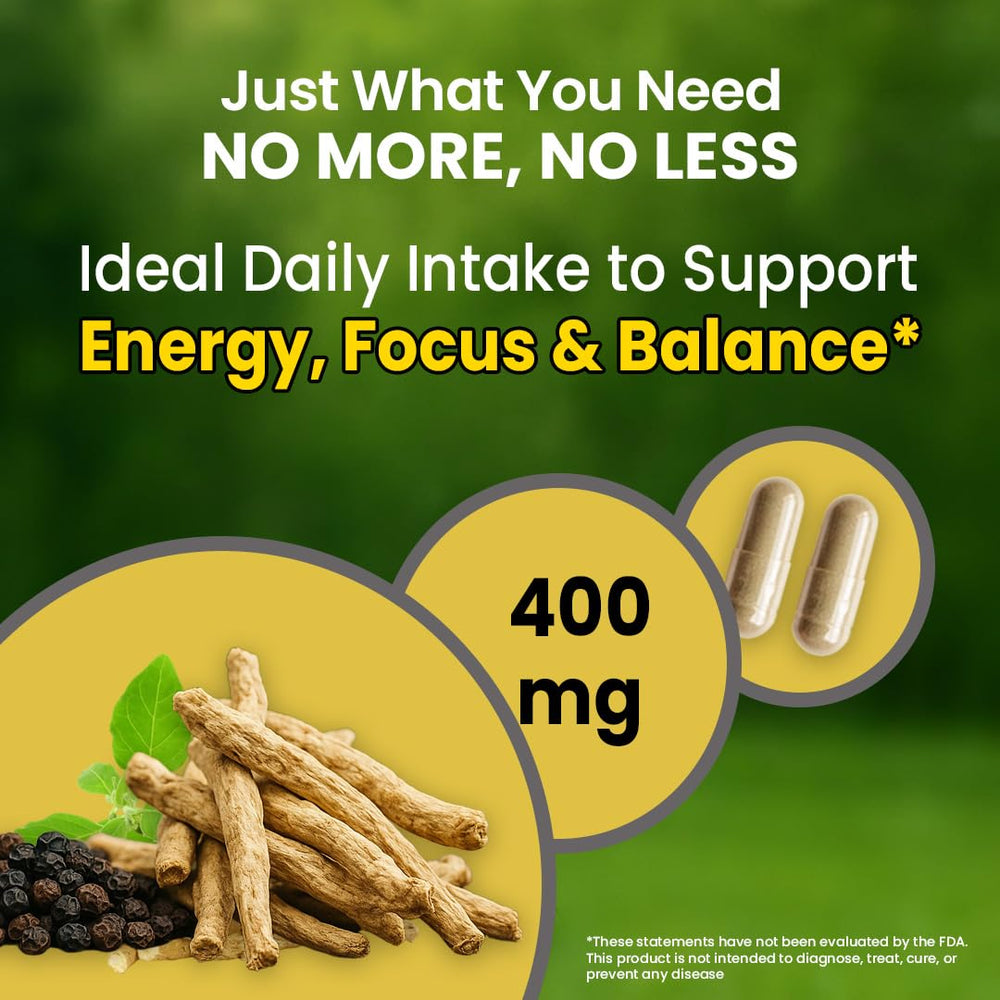 NooMost Ashwagandha capsules close-up highlighting easy two-capsule daily routine.