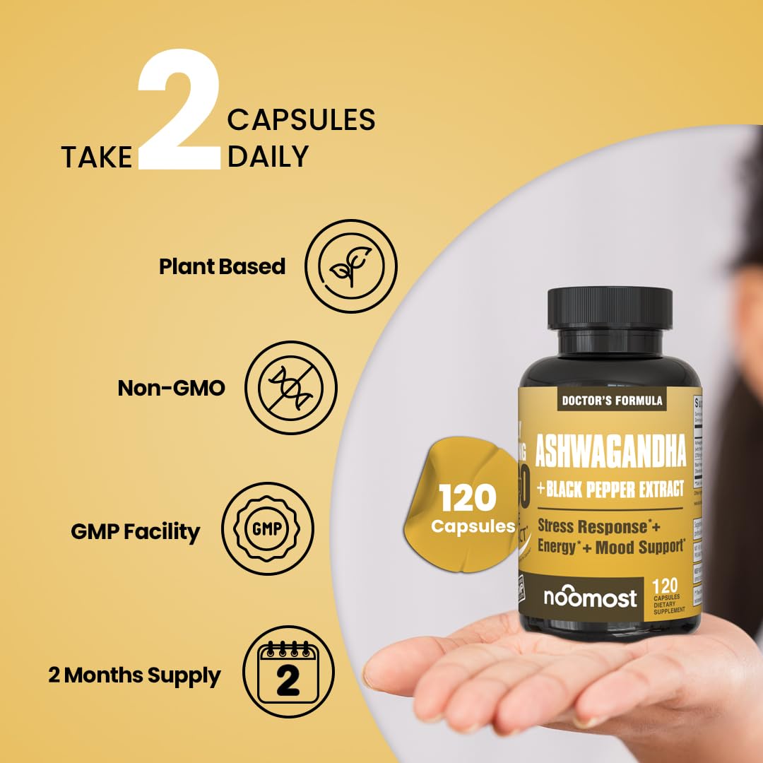 NooMost Ashwagandha packaging notes non-GMO and dairy-free features.
