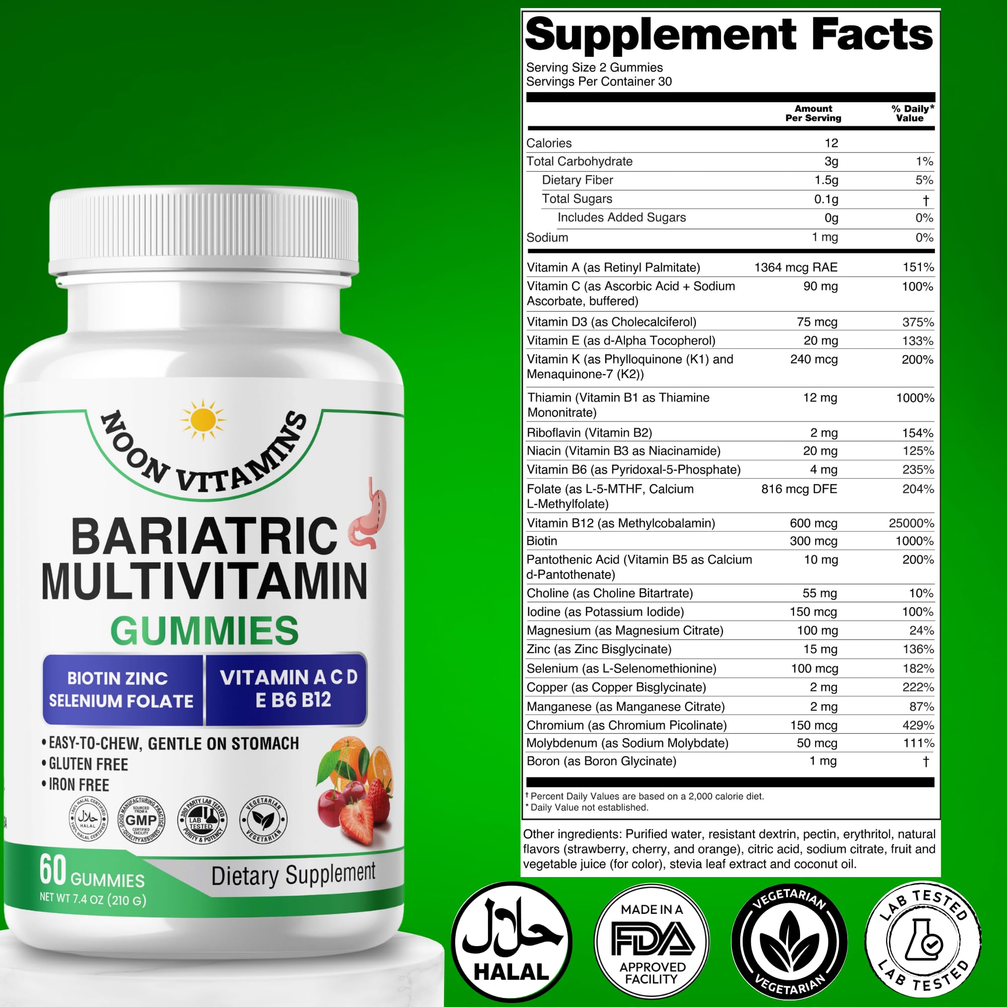 NOON VITAMINS bariatric gummies closeup texture highlights soft chew for easy digestion.