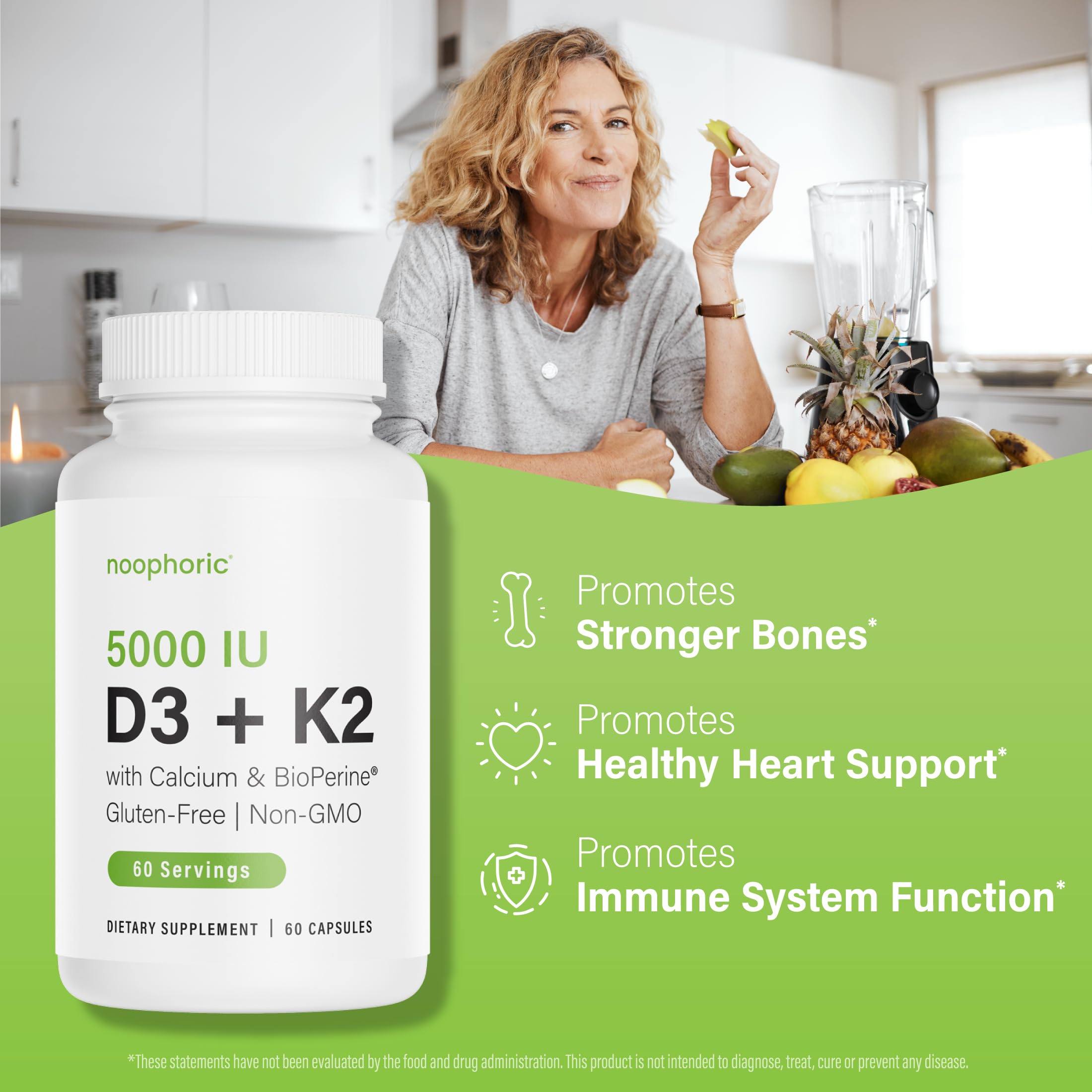 Noophoric D3 K2 60 servings packaging emphasizes convenient daily use.