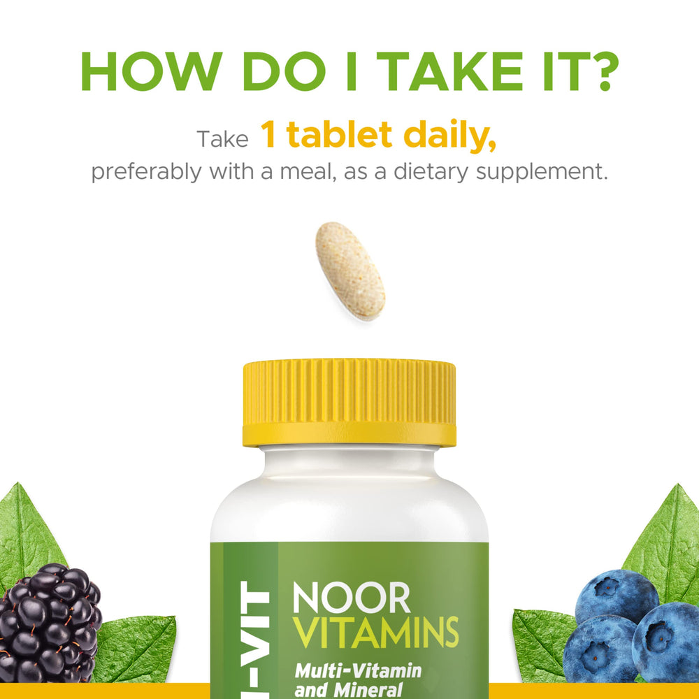 Noor Vitamins Halal Multivitamin bottle open with tablets visible.