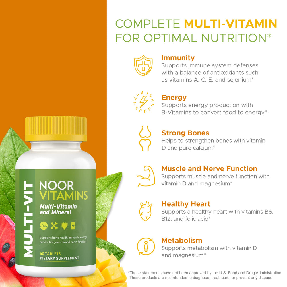 Noor Vitamins Halal Multivitamin bottle with glass for daily use.