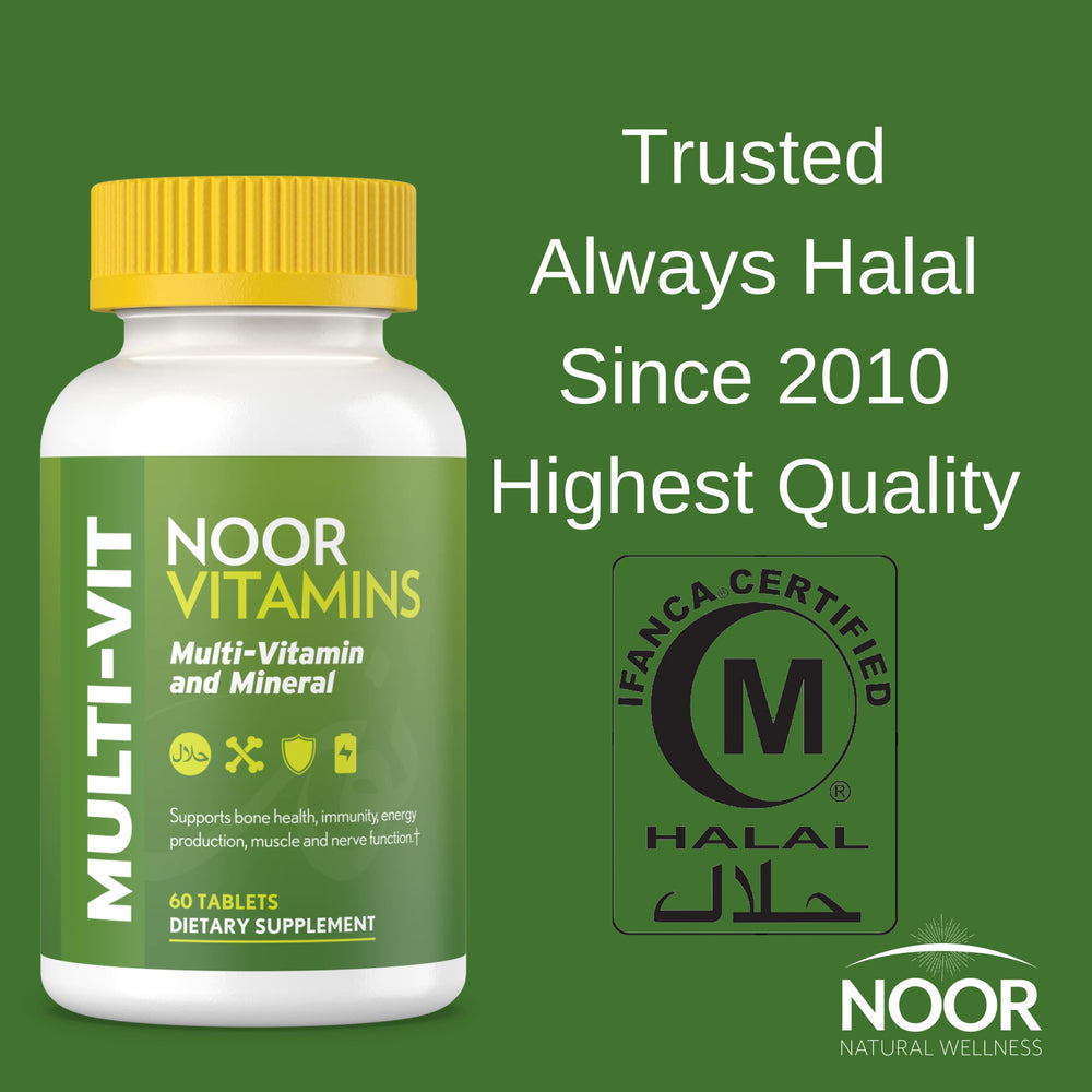 Noor Vitamins Halal Multivitamin packaging box highlighting halal certification.