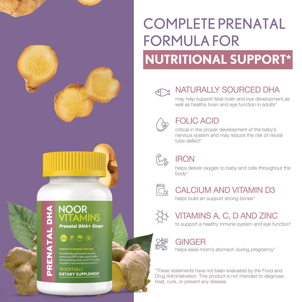 Noor Vitamins iron and folate blend highlights iron support and fetal development.