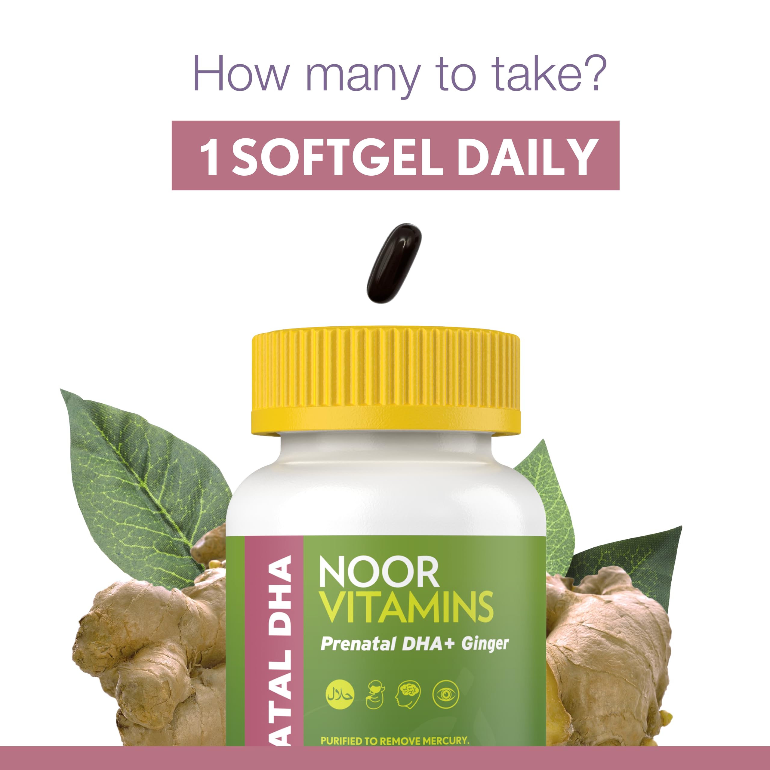 Noor Vitamins prenatal bottle label shows essential vitamins A, C, D3, and E.