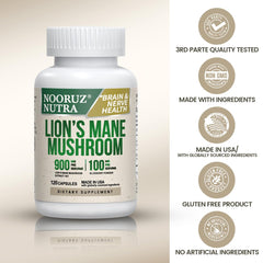 NOORUZ Lions Mane fruiting body extract label showing potency.