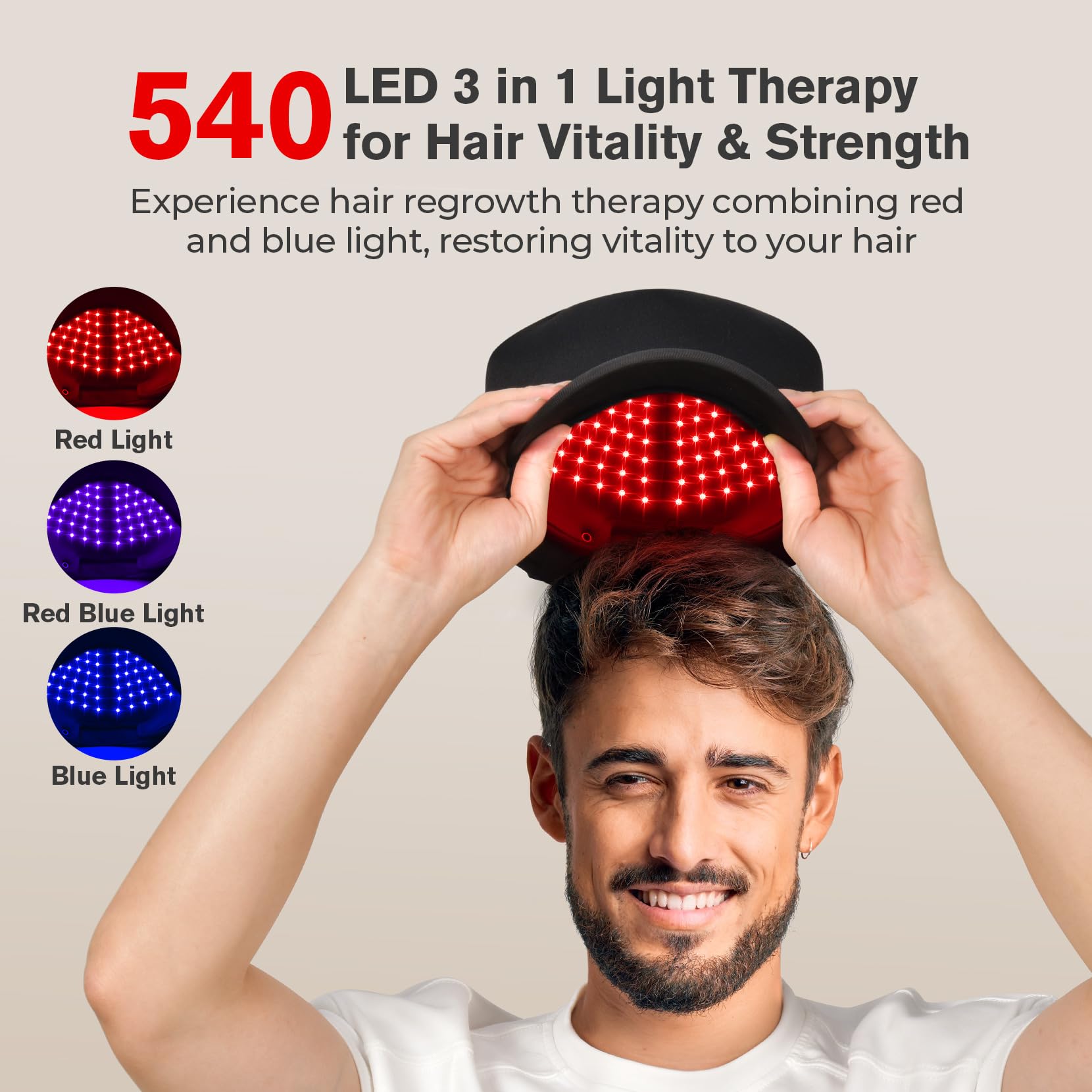NOORUZ multi-wavelength precision delivers red, blue, and infrared light for balanced scalp care.