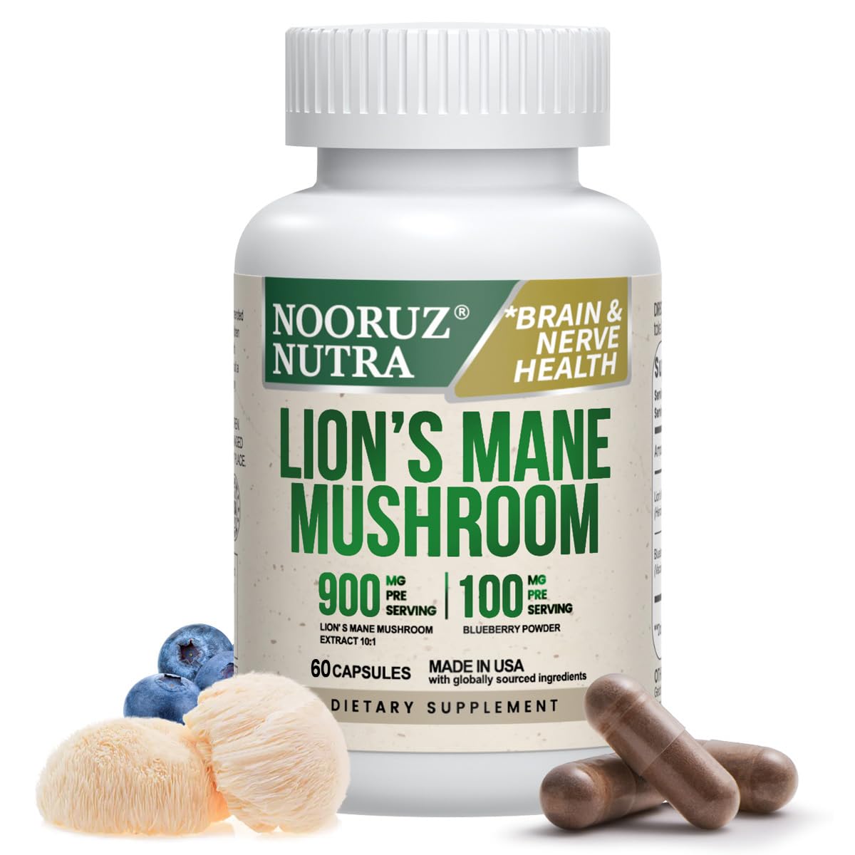 NOORUZ Organic Lions Mane capsules in a bottle showcase 10:1 potency