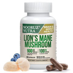 NOORUZ Organic Lions Mane capsules in a bottle showcase 10:1 potency