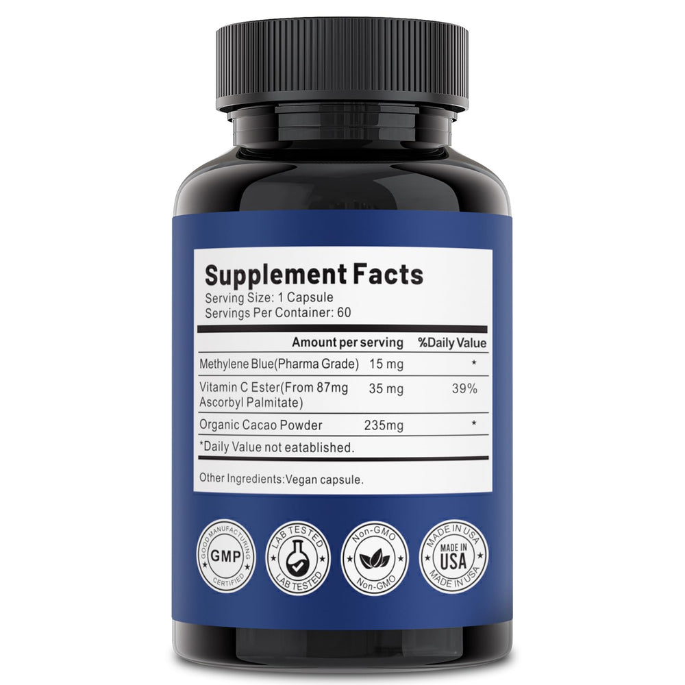 Nootlyn Methylene Blue bottle with pills conveys a calm study companion.