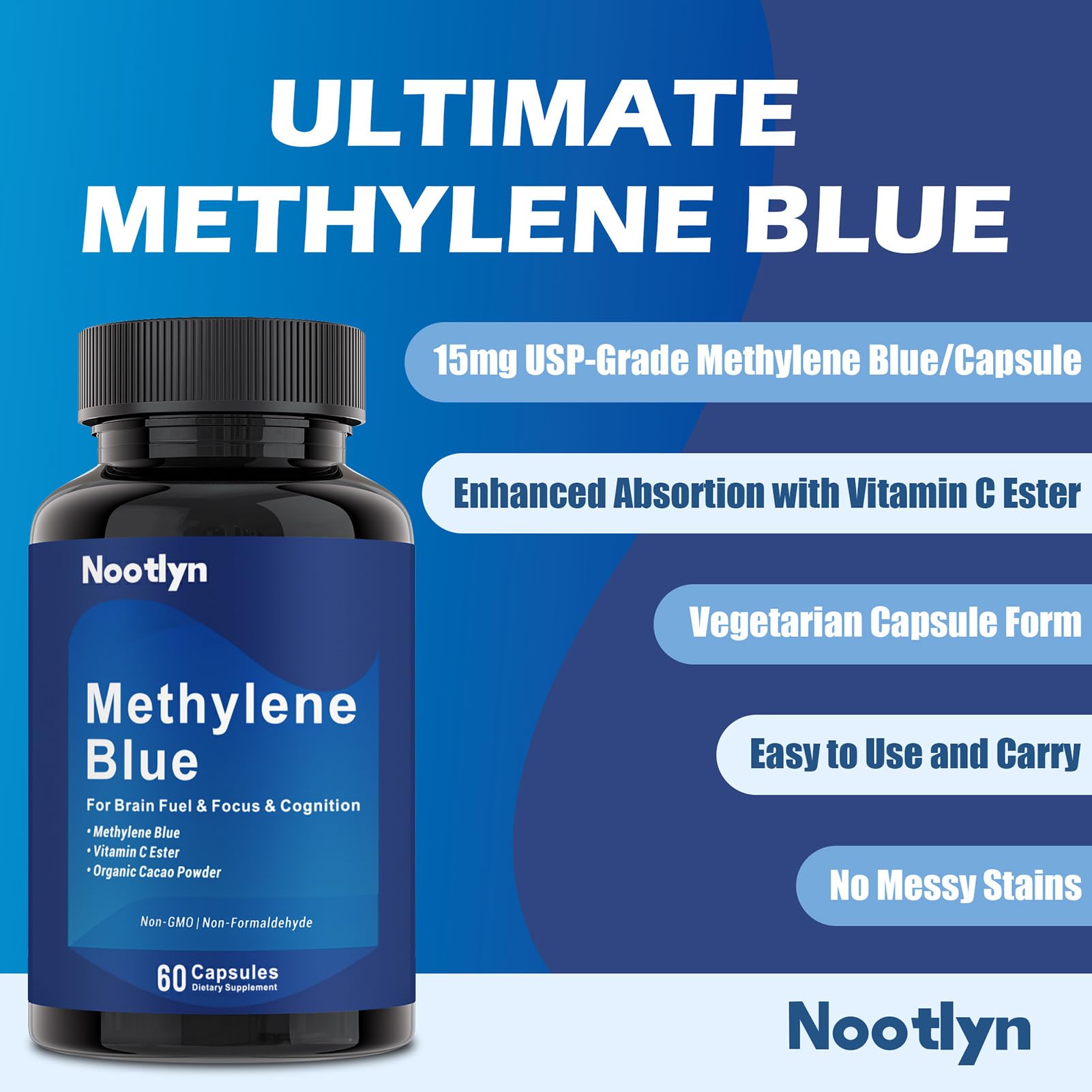 Nootlyn Methylene Blue capsules on white background for memory and focus.