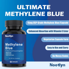 Nootlyn Methylene Blue capsules on white background for memory and focus.