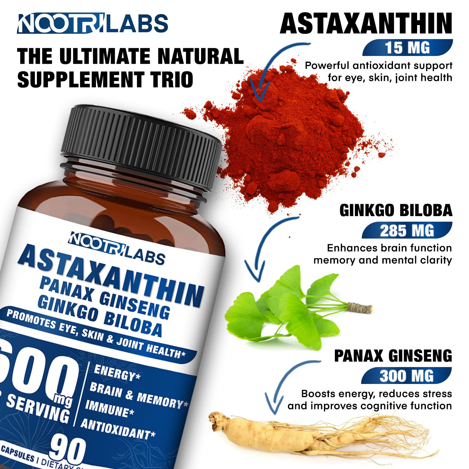 Nootrilabs Naturals Astaxanthin capsules closeup highlighting vegan, non-GMO formula.
