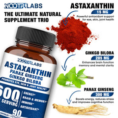 Nootrilabs Naturals Astaxanthin capsules closeup highlighting vegan, non-GMO formula.
