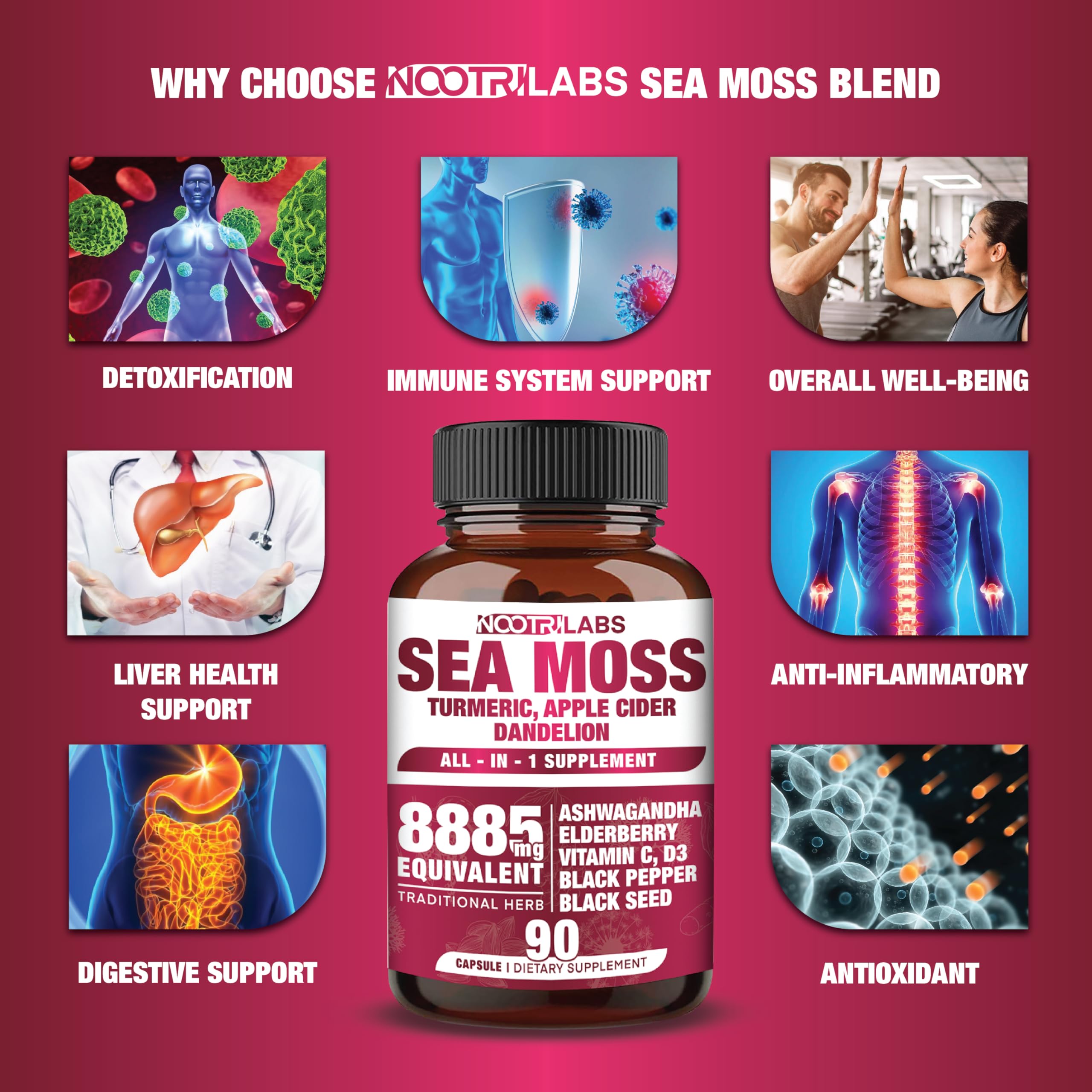 NootriLabs Naturals Sea Moss capsules close-up highlighting mineral support
