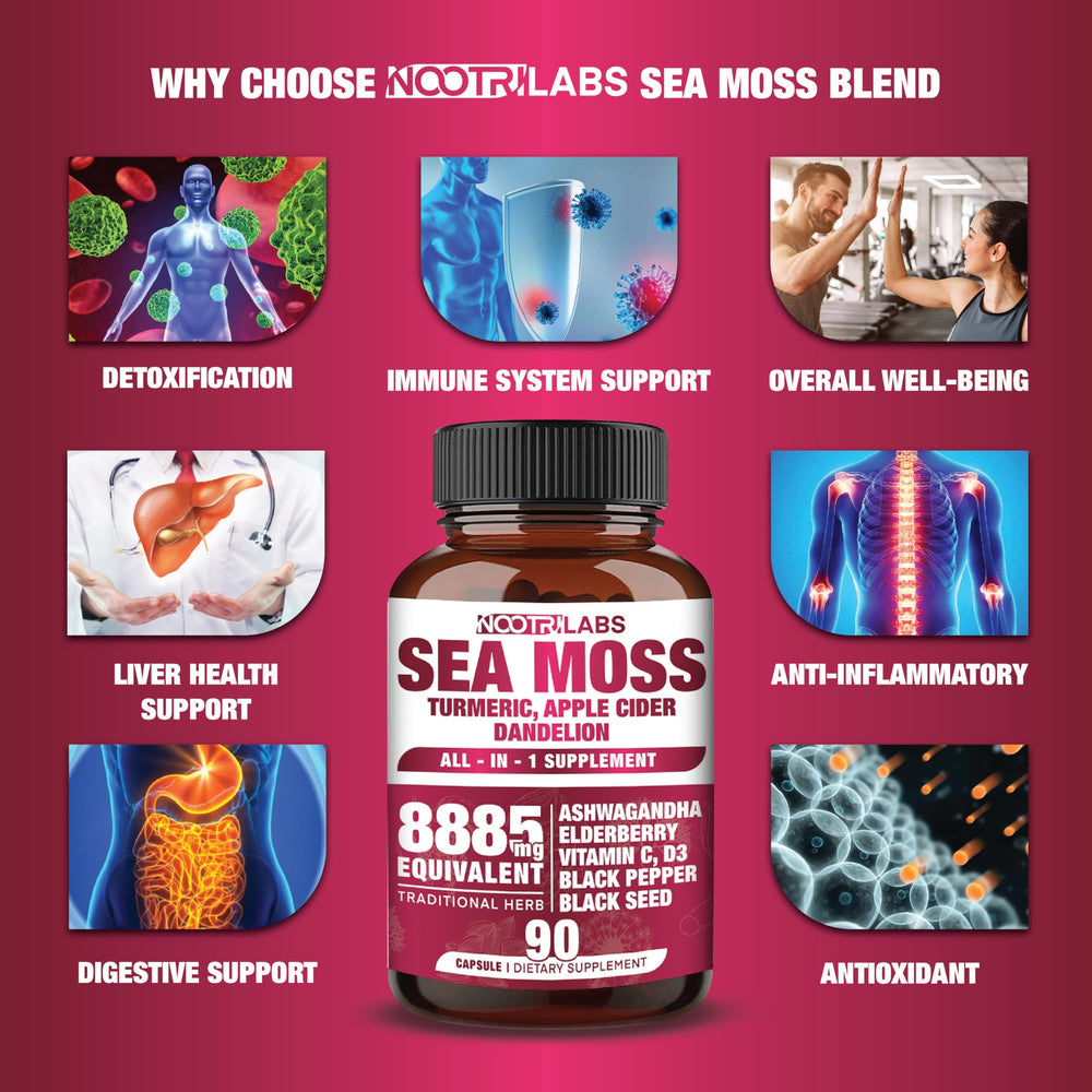 NootriLabs Naturals Sea Moss capsules close-up highlighting mineral support
