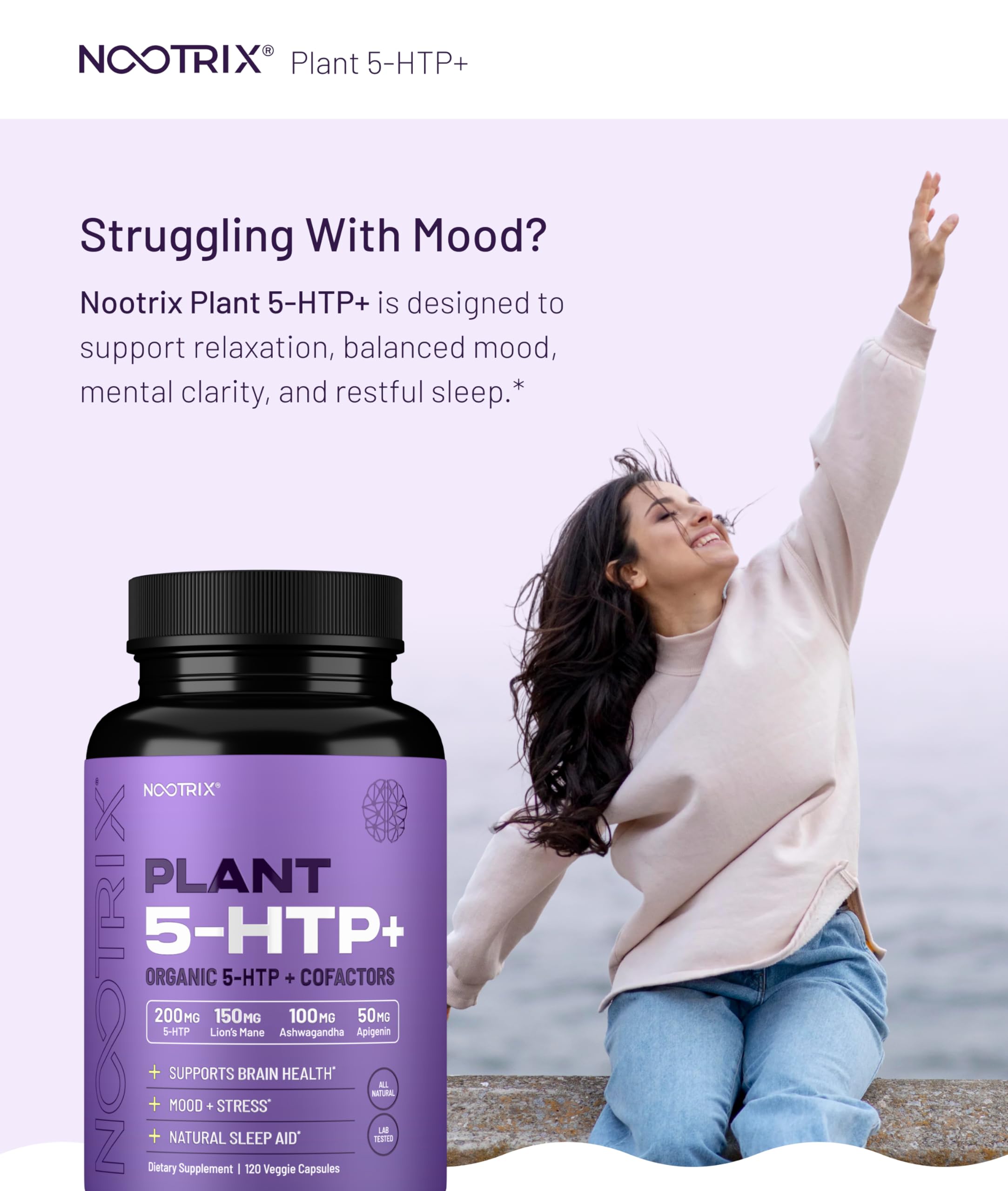 Close-up of Nootrix 5-HTP+ capsules highlighting an organic formula