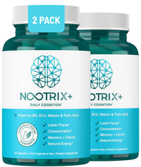 Nootrix Brain Plus bottle close-up showing easy daily capsules for focus and memory.