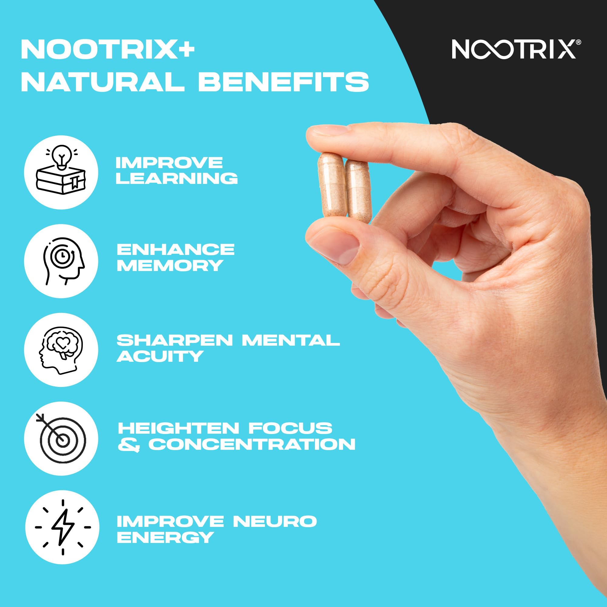 Nootrix Brain Plus label close-up highlighting a premium nootropic blend for cognitive clarity.